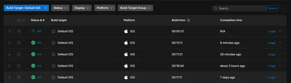 Screenshot of successful builds in Unity DevOps Build Automatique