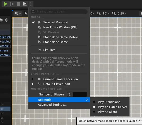 Unreal Editor Play dropdown: Number of Players set to 2, Net Mode submenu showing Play As Listen Server