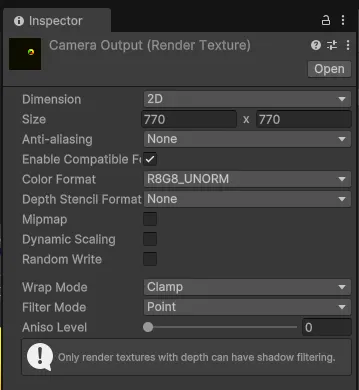 Inspector view of the `Camera Output` Render Texture.