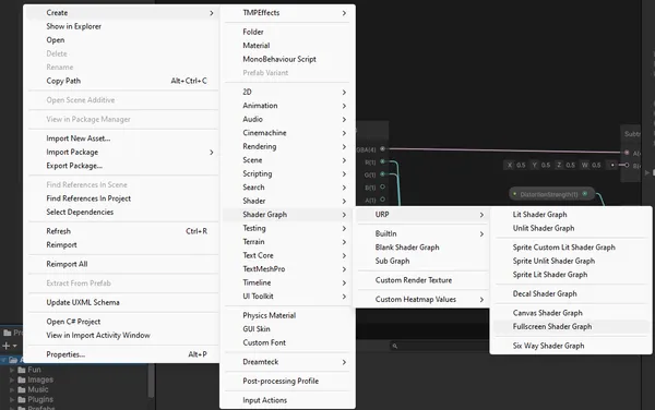 Project View, right click: Create > Shader Graph > URP > Fullscreen Shader Graph