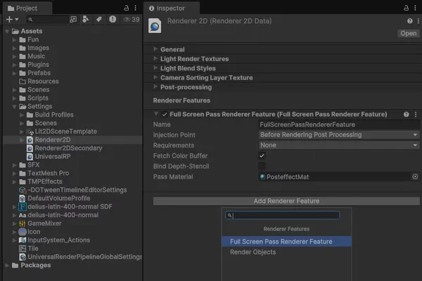 Project View: select the Assets/Settings/Renderer2D asset. Inspector view: use 'Add Render Feature' button then 'Full Screen Pass Renderer Feature'